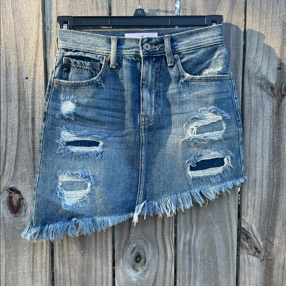 ✌🏻✌🏻✌🏻KANCAN DENIM DISTRESSED ASYMMETRICAL MINI SKIRT SIZE SMALL NWOT ✌🏻✌🏻✌🏻
